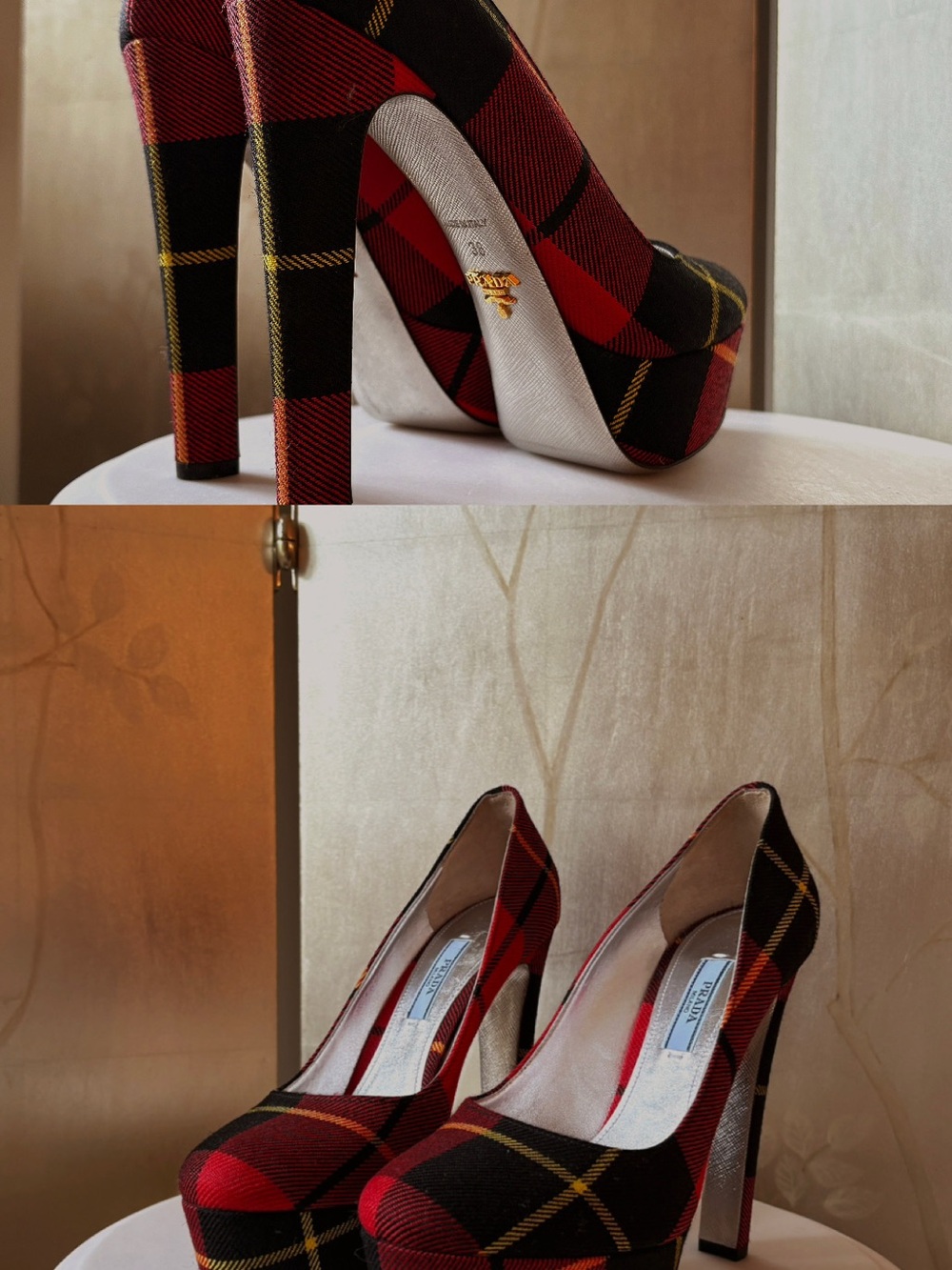 Prada Plaid Red & Black Wool Platform Pumps — IT 38 / US 8